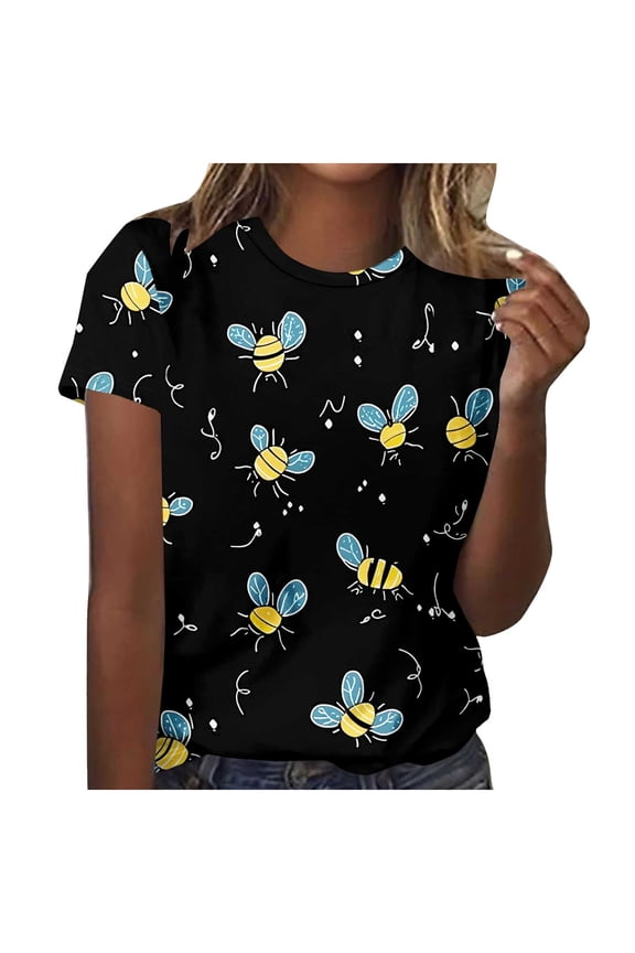 Women's Casual Loose Fit Bee Print Crew Neck Short Sleeve T-Shirt, Fashion Summer Top for Daily Wear Gifts