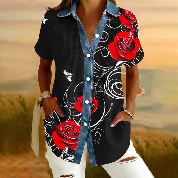 Craaazy Women's Casual Loose Floral Print Waffle Knit Collar Button Down Short Sleeve Top Breathable Lightweight Blouse