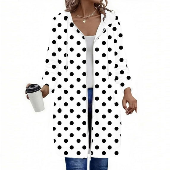 Craaazy Women's Casual Loose Solid Color Pocket Long Sleeved Double Zipper Gifts Hooded Drawstring Sweatshirt Top Polka Dots Casu al Zip Up