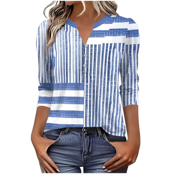Craaazy Women's Casual Printing 3/4 Sleeve Button V- Neck Pleated Fashionable Spring Summer Tops Gifts