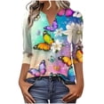 thumbnail image 1 of Craaazy Women's Casual Printing 3/4 Sleeve Button V- Neck Pleated Fashionable Spring Summer Tops Gifts, 1 of 6