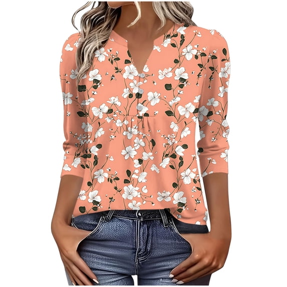 Craaazy Women's Casual Printing 3/4 Sleeve Button V- Neck Pleated Spring Summer Shirts Gifts