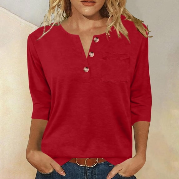 Craaazy Women's Casual Solid Color 3/4 Sleeve Button V-Neck T-Shirts with Pocket for Spring and Summer Daily Wear