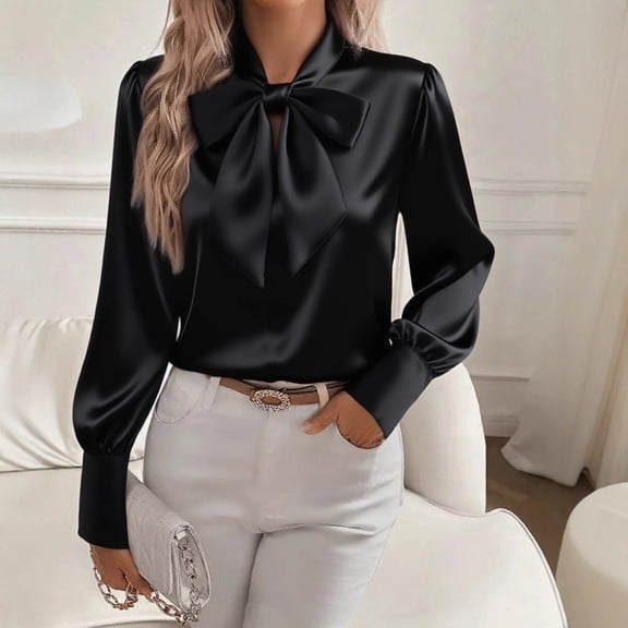 Craaazy Women's Casual Solid Color Bow Tie Neck Long Sleeve Shirts Elegant Business Office Tops Gifts