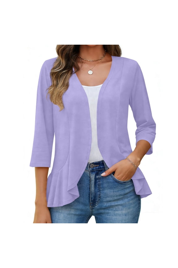 Women's Casual Solid Color Casual 3/4 Sleeve Open Front Blazer with Ruffle Hem and Pockets for Office Work and Outings