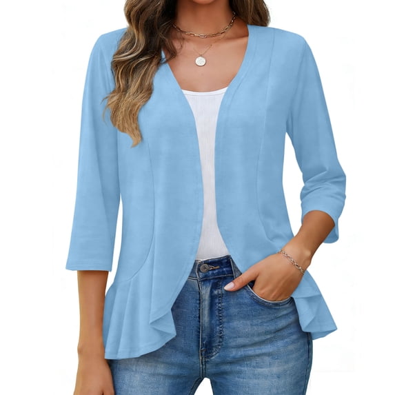 Craaazy Women's Casual Solid Color Casual 3/4 Sleeve Open Front Blazer with Ruffle Hem and Pockets for Office Work and Outings