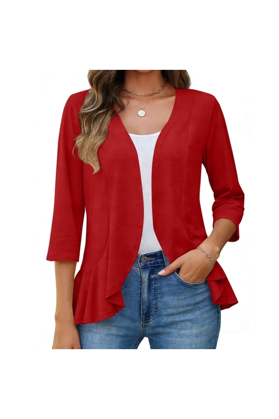 Women's Casual Solid Color Casual 3/4 Sleeve Open Front Blazer with Ruffle Hem and Pockets for Office Work and Outings