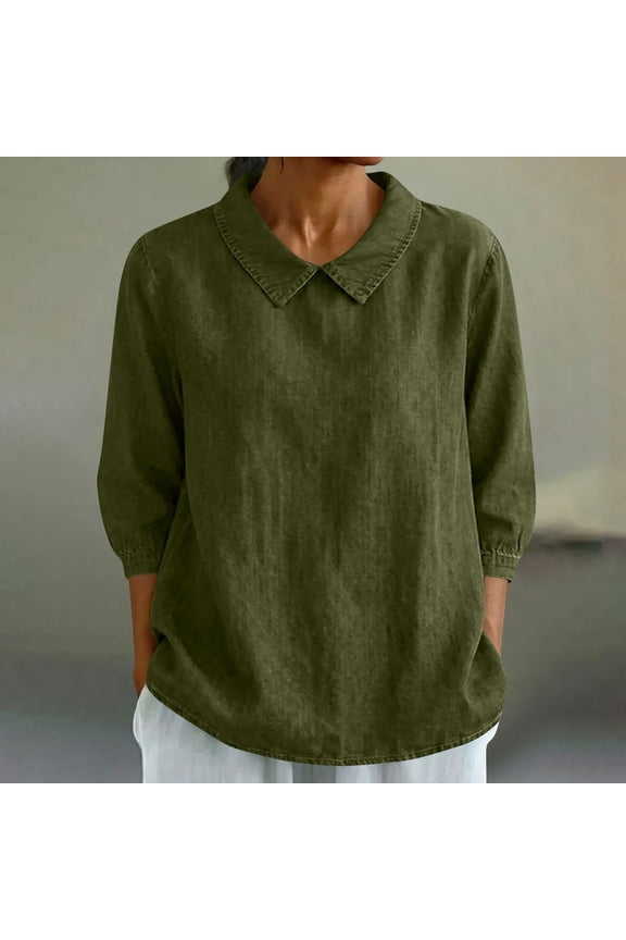 Women's Casual Solid Color Collared 3/4 Sleeve Blouse Loose Fit Comfy Breathable Rayon Blend Top for Daily Wear Gifts