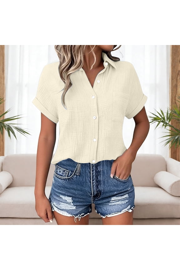 Women's Casual Solid Color Cotton Linen Blend Short Sleeve Button Down Shirt Turndown Collar Side Split Pocket Top for Summer Daily Wear