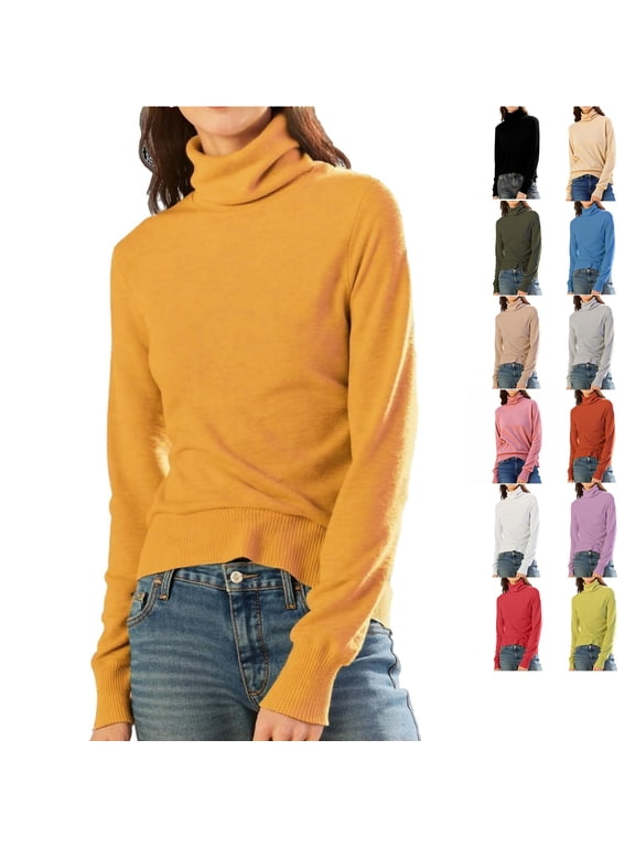 Fall Winter Long Sleeve Tops for Women Solid Color Turtleneck Neck Casual Pullover Knit Tops Slim Fit Layering Clothes for Daily Wear