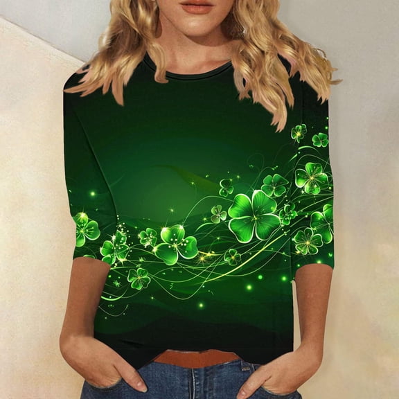 Craaazy Women's Casual St. Patrick's Day Printed Round Neck Three Quarter Sleeved T-shirt Loose Tops Gifts