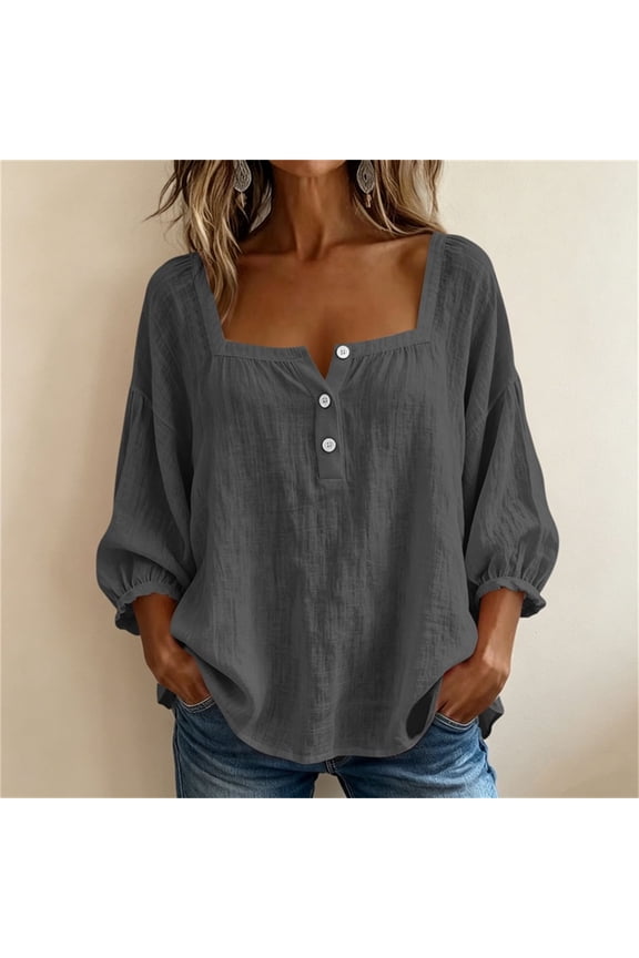 Women's Casual Tops Solid Color Square Neck Button Front 3/4 Sleeve Cotton Linen Blend Loose Fit Summer Daily Wear