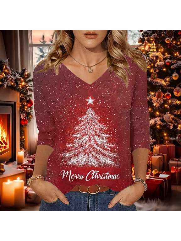 Women's Christmas Clothes Casual V-Neck 3/4 Sleeve Xmas Tops with Santa Christmas Tree Prints Gifts