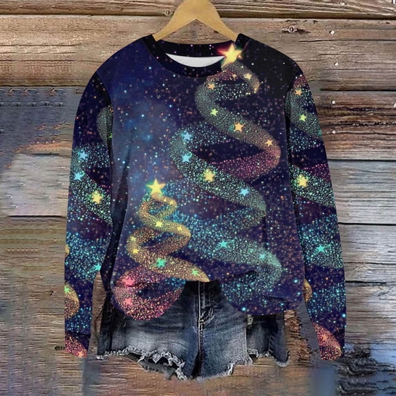 Craaazy Women's Christmas Colorful Print Shirts Round Neck Loose Long Sleeve Sweatshirt Top Gifts
