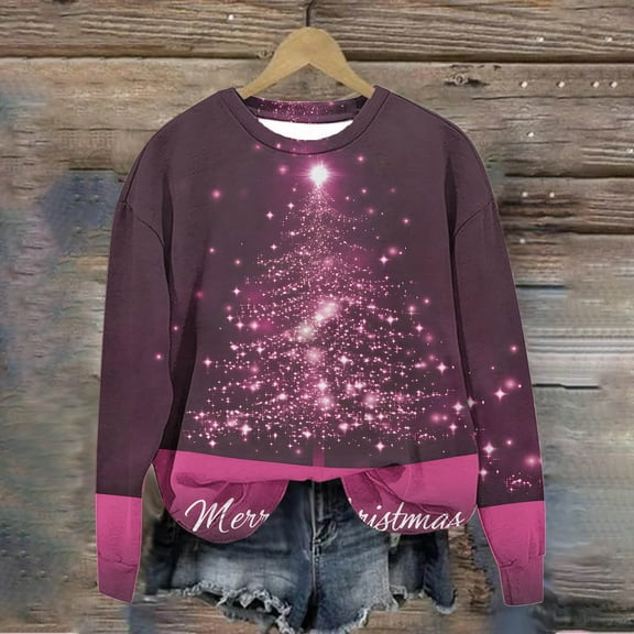 Craaazy Women's Christmas Fashion Casual Printed Round Neck Capless Loose Long Sleeve Tops Gifts