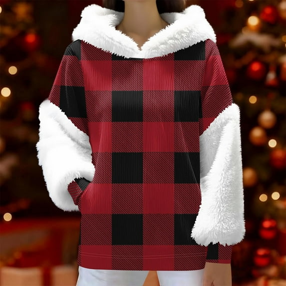 Craaazy Women's Christmas Hooded Sweatshirt Oversized Warm Long Sleeve Tops Gifts