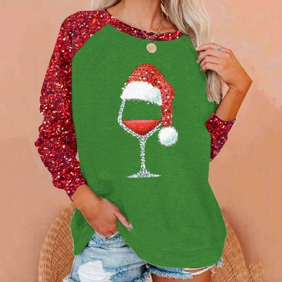 Craaazy Women's Christmas Print Long Sleeve Shirt Casual Round Neck Tops Gifts