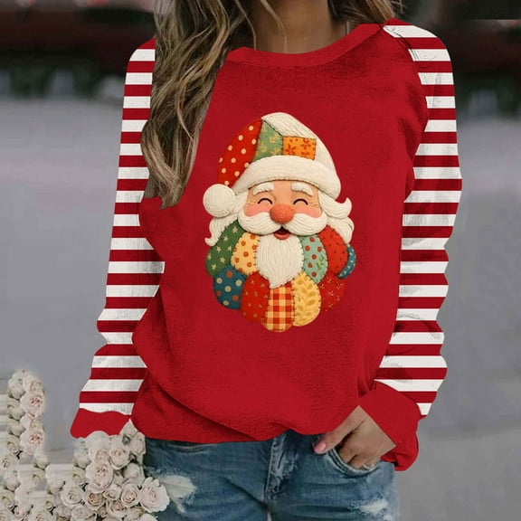 Craaazy Women's Christmas Printed Long Sleeve Striped Printed Round Neck Sweatshirt Tops Gifts