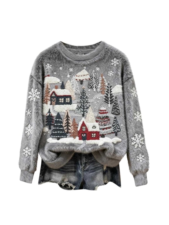 Women's Christmas Printed Long Sleeve Top Warm Crewneck Christmas Sweaters Gifts