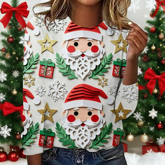 Craaazy Women's Christmas Printed Round Neck Long Sleeved Top Gifts