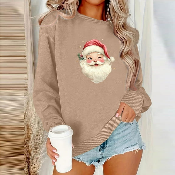 Craaazy Women's Christmas Santa Graphic Sweatshirt Casual Long Sleeve Crewneck Pullover Holiday Winter Tops Gifts