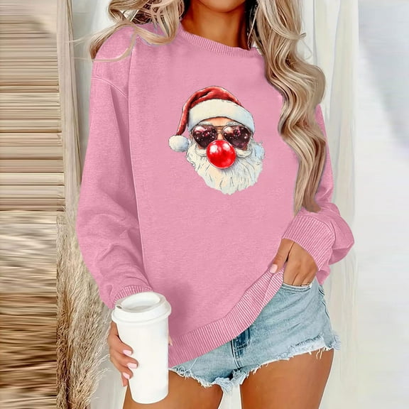 Craaazy Women's Christmas Santa Graphic Sweatshirt Casual Long Sleeve Crewneck Pullover Holiday Winter Tops Gifts