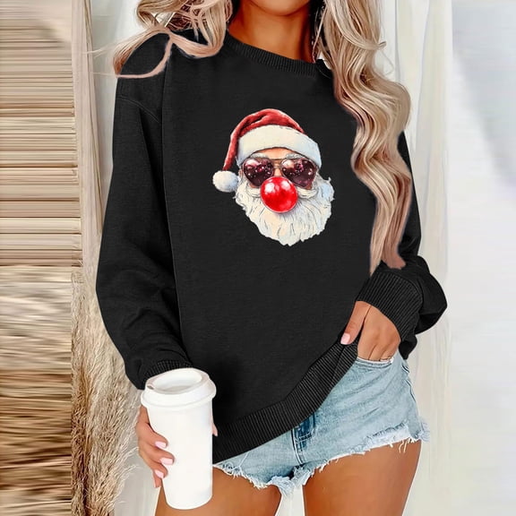 Craaazy Women's Christmas Santa Graphic Sweatshirt Casual Long Sleeve Crewneck Pullover Holiday Winter Tops Gifts
