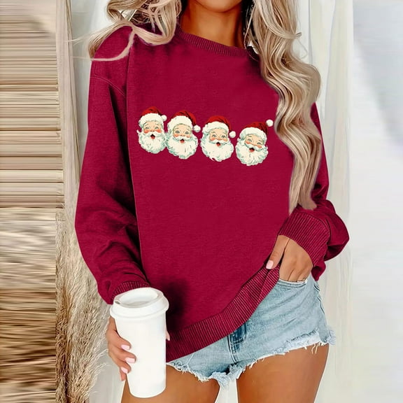 Craaazy Women's Christmas Santa Graphic Sweatshirt Casual Long Sleeve Crewneck Pullover Holiday Winter Tops Gifts