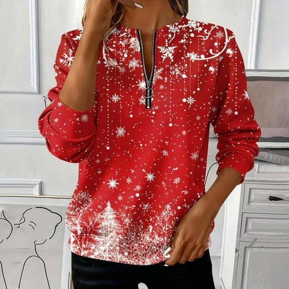 Craaazy Women's Christmas Shirts Half Zip Sweatshirts Long Sleeved Crew Neck Solid Color Top Gifts