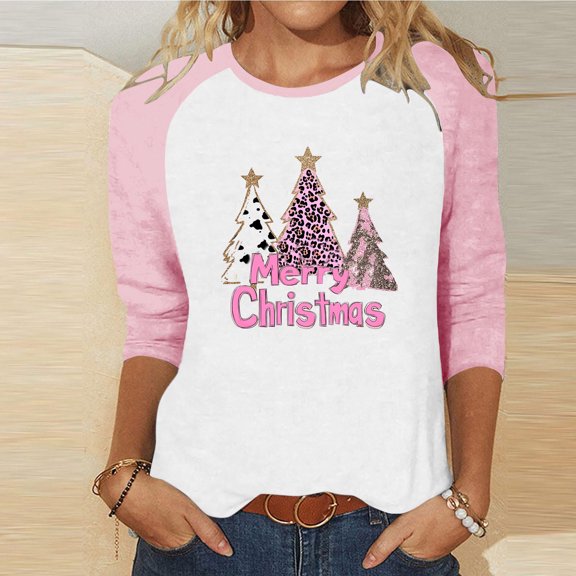 Craaazy Women's Christmas Shirts Round Neck 3/4 Sleeve T-shirt Funny Snowman Santa Hat Printed Xmas Tops Gifts