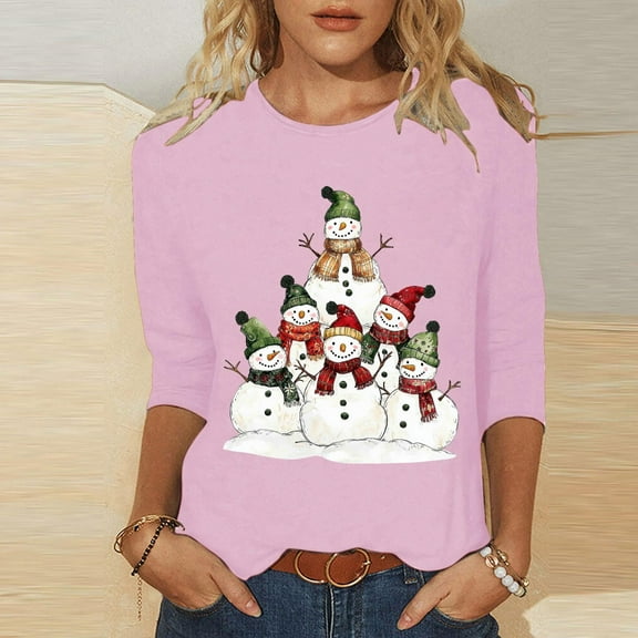 Craaazy Women's Christmas Shirts Round Neck 3/4 Sleeve T-shirt Funny Snowman Santa Hat Printed Xmas Tops Gifts