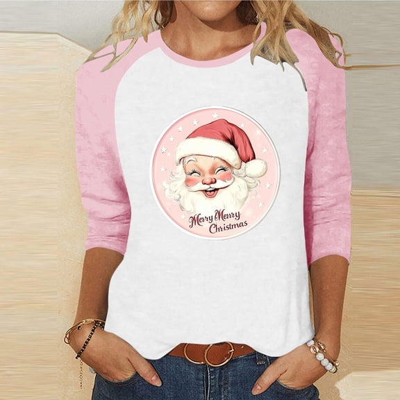 Craaazy Women's Christmas Shirts Round Neck 3/4 Sleeve T-shirt Funny Snowman Santa Hat Printed Xmas Tops Gifts