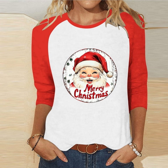 Craaazy Women's Christmas Shirts Round Neck 3/4 Sleeve T-shirt Funny Snowman Santa Hat Printed Xmas Tops Gifts