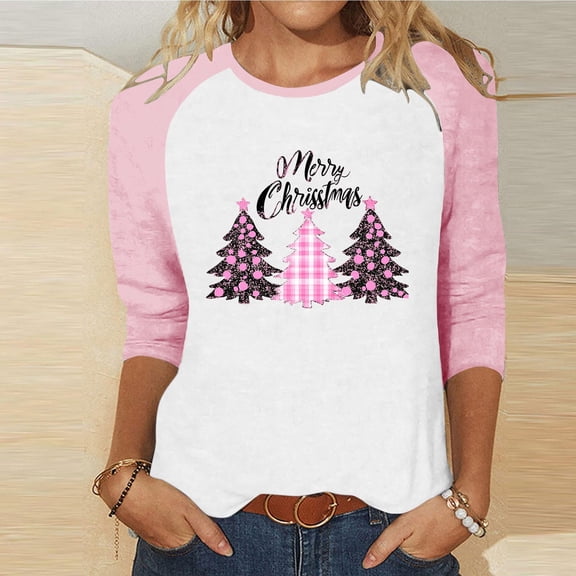 Craaazy Women's Christmas Shirts Round Neck 3/4 Sleeve T-shirt Funny Snowman Santa Hat Printed Xmas Tops Gifts