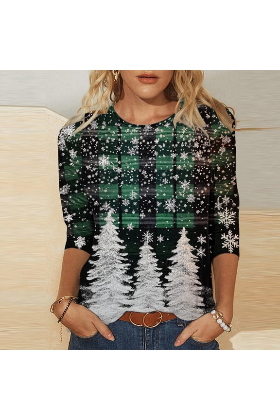 Women's Christmas Shirts Round Neck 3/4 Sleeve T-shirt Funny Snowman Santa Hat Printed Xmas Tops Gifts