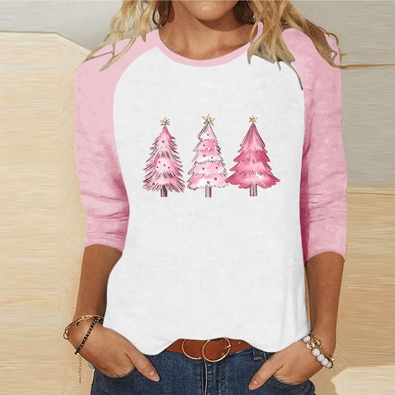 Craaazy Women's Christmas Shirts Round Neck 3/4 Sleeve T-shirt Funny Snowman Santa Hat Printed Xmas Tops Gifts