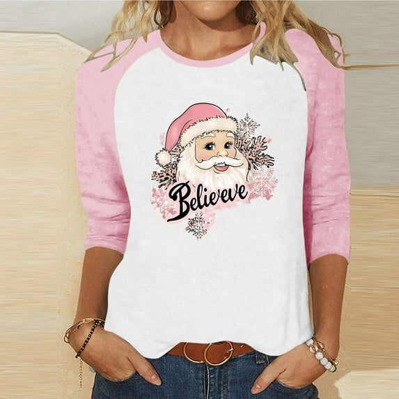 Craaazy Women's Christmas Shirts Round Neck 3/4 Sleeve T-shirt Funny Snowman Santa Hat Printed Xmas Tops Gifts