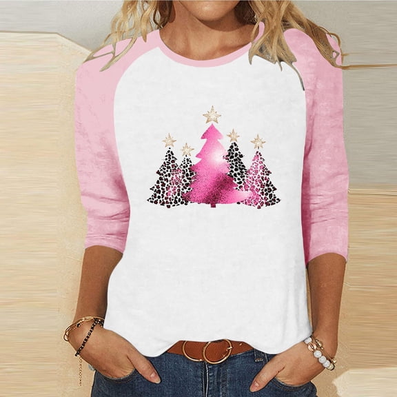 Craaazy Women's Christmas Shirts Round Neck 3/4 Sleeve T-shirt Funny Snowman Santa Hat Printed Xmas Tops Gifts