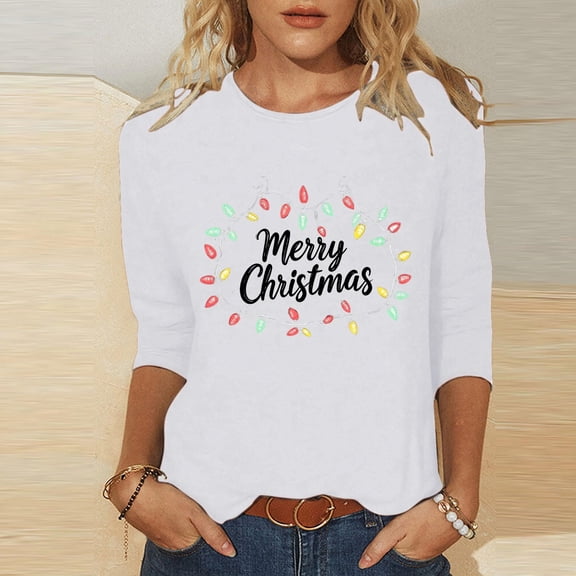 Craaazy Women's Christmas Shirts Round Neck 3/4 Sleeve T-shirt Funny Snowman Santa Hat Printed Xmas Tops Gifts