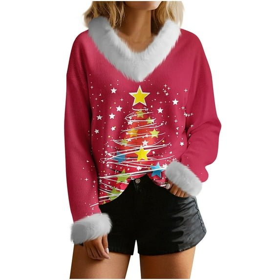 Craaazy Women's Christmas Sweatshirt Funny Print Long Sleeve V Neck Fall Winter Xmas Tops Gifts