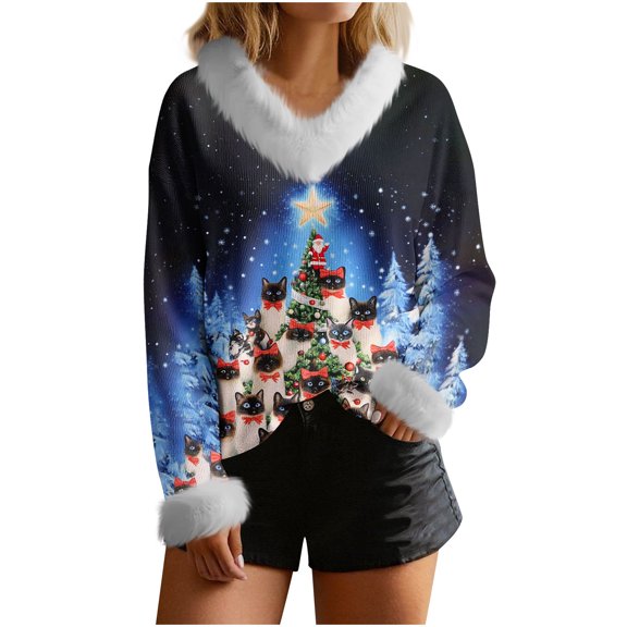 Craaazy Women's Christmas Sweatshirt Funny Print Long Sleeve V Neck Fall Winter Xmas Tops Gifts