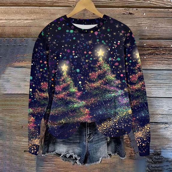 Craaazy Women's Christmas Tops Christmas Print Crewneck Long Sleeve Xmas Funny Shirts Gifts