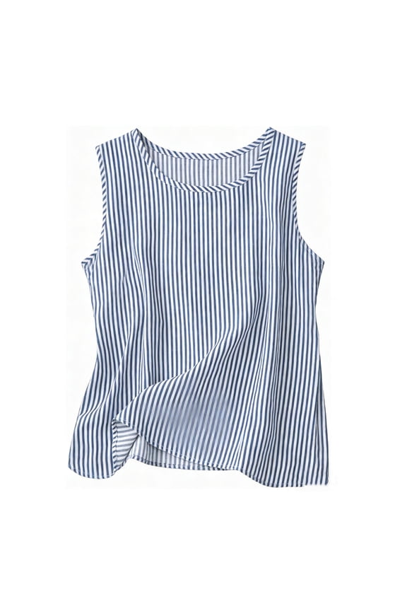 Women's Comfy Color Striped Summer Beach Holiday Casual Sleeveless Round Neck Tops Gifts