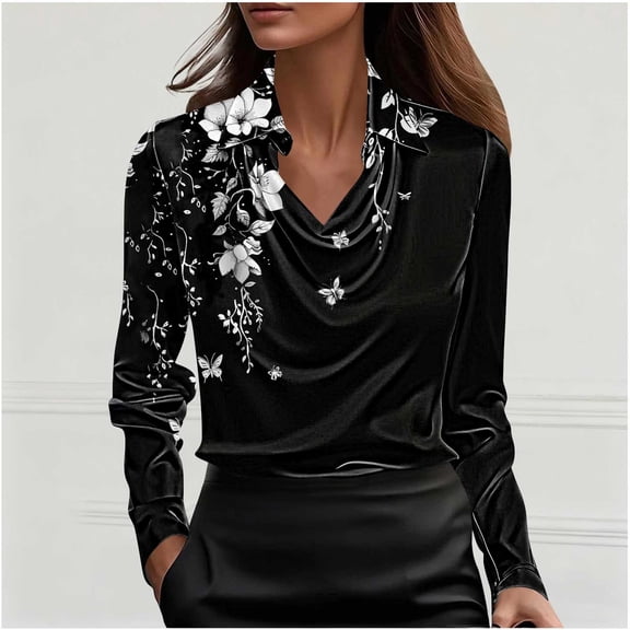 Craaazy Women's Cowl Neck Casual Printed Long Sleeve Shirt Casual Dressy Loose Business Work Tops Gifts