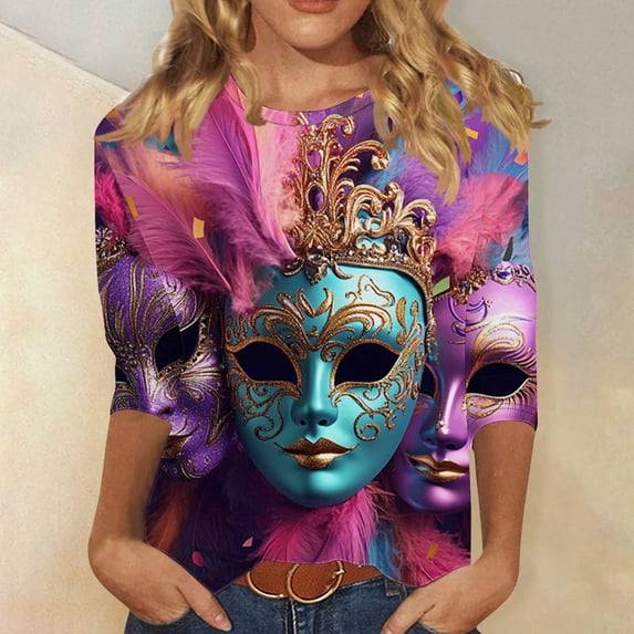 Craaazy Women's Crew Neck Carnival Shirts Casual Print Pullover 3/4 Sleeve Mardi Gras Tops Gifts