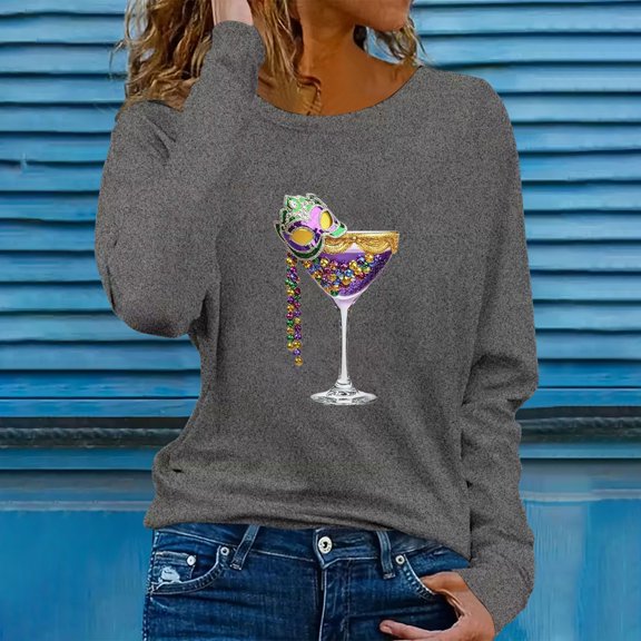 Craaazy Women's Crew Neck Long Sleeve Mardi Gras Loose Shirts Gifts