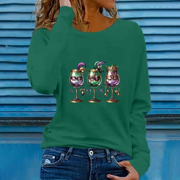 Craaazy Women's Crew Neck Long Sleeve Mardi Gras Loose Shirts Gifts