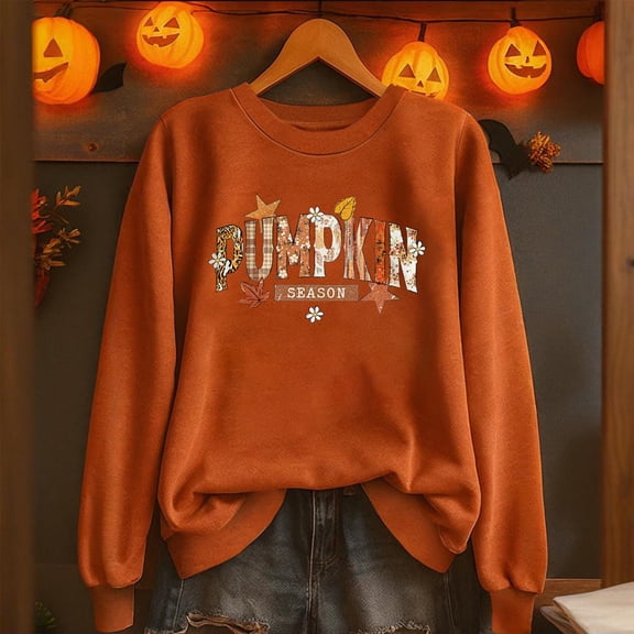 Craaazy Women's Fall Winter Halloween Christmas Thanksgiving Casual Pumpkin Season Print Gifts Long Sleeved Round Neck Sweatshirt Long Sleeve Vintage Top