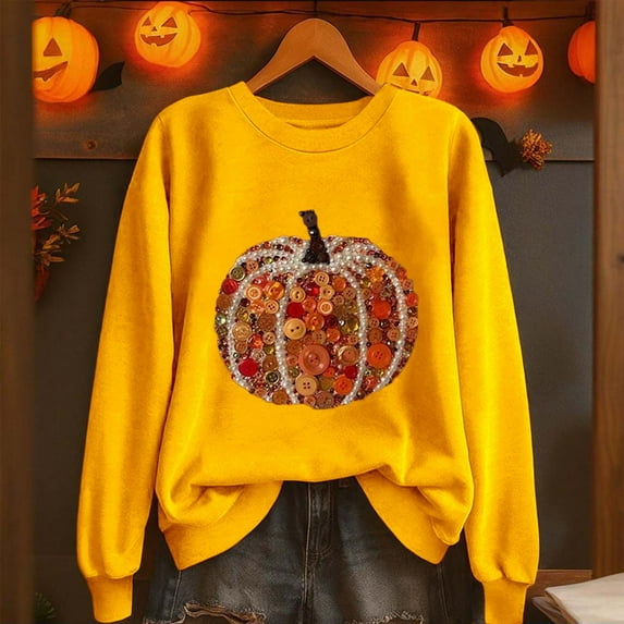 Craaazy Women's Fall Winter Halloween Christmas Thanksgiving Casual Pumpkin Season Print Gifts Long Sleeved Round Neck Sweatshirt Long Sleeve Vintage Top