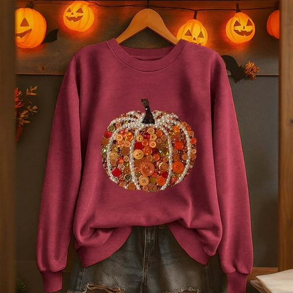 Craaazy Women's Fall Winter Halloween Christmas Thanksgiving Casual Pumpkin Season Print Gifts Long Sleeved Round Neck Sweatshirt Long Sleeve Vintage Top